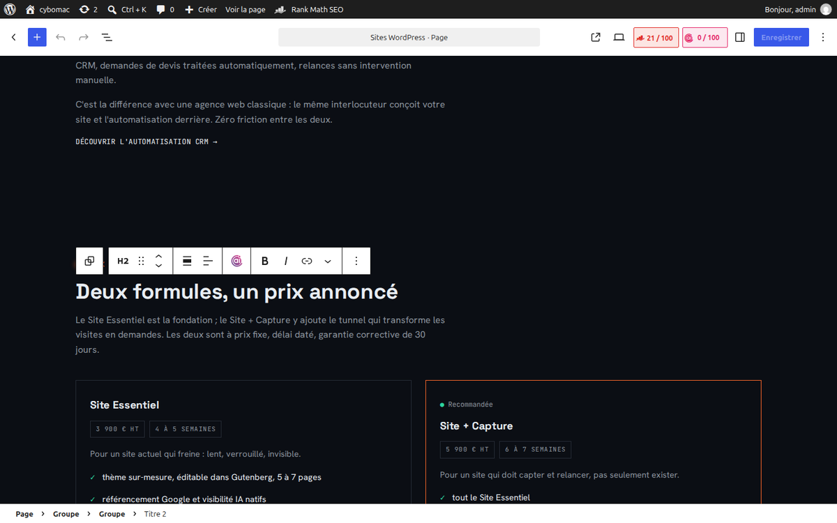 L'éditeur WordPress de cette page : la section « Éditable, vraiment » ouverte dans Gutenberg, textes et blocs modifiables directement